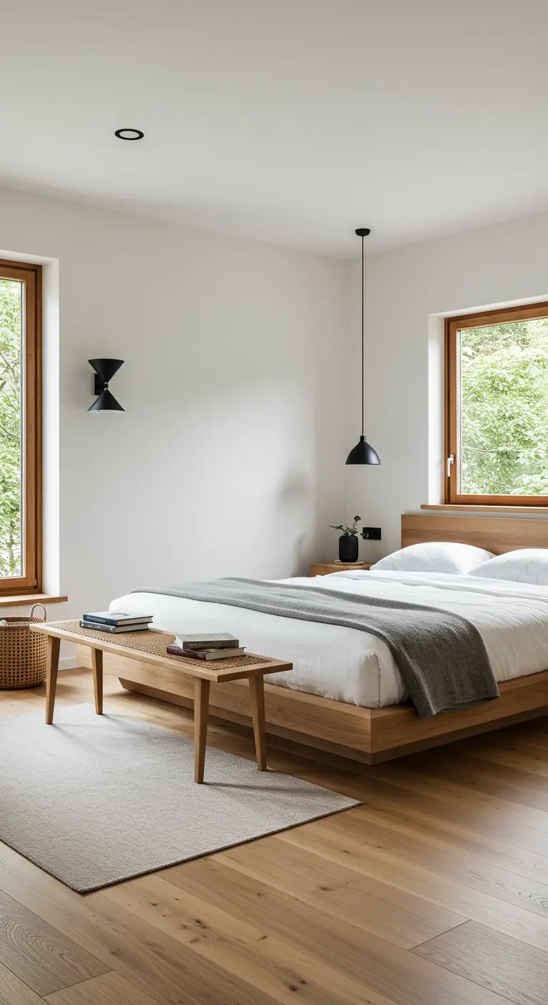 Airy bedroom with a wood platform bed and layered lighting fixtures.