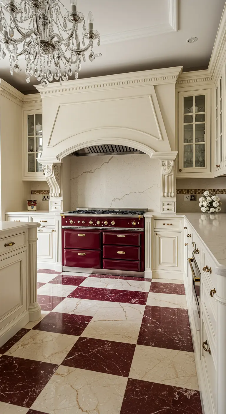 Luxurious kitchen with ornate cream cabinets, a red range, and a red and cream marble floor.