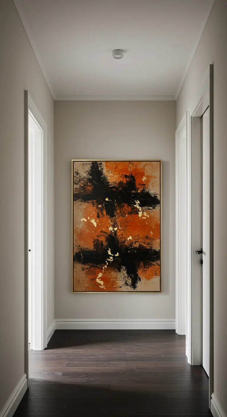 Hallway with a large abstract painting in orange, black, and gold.