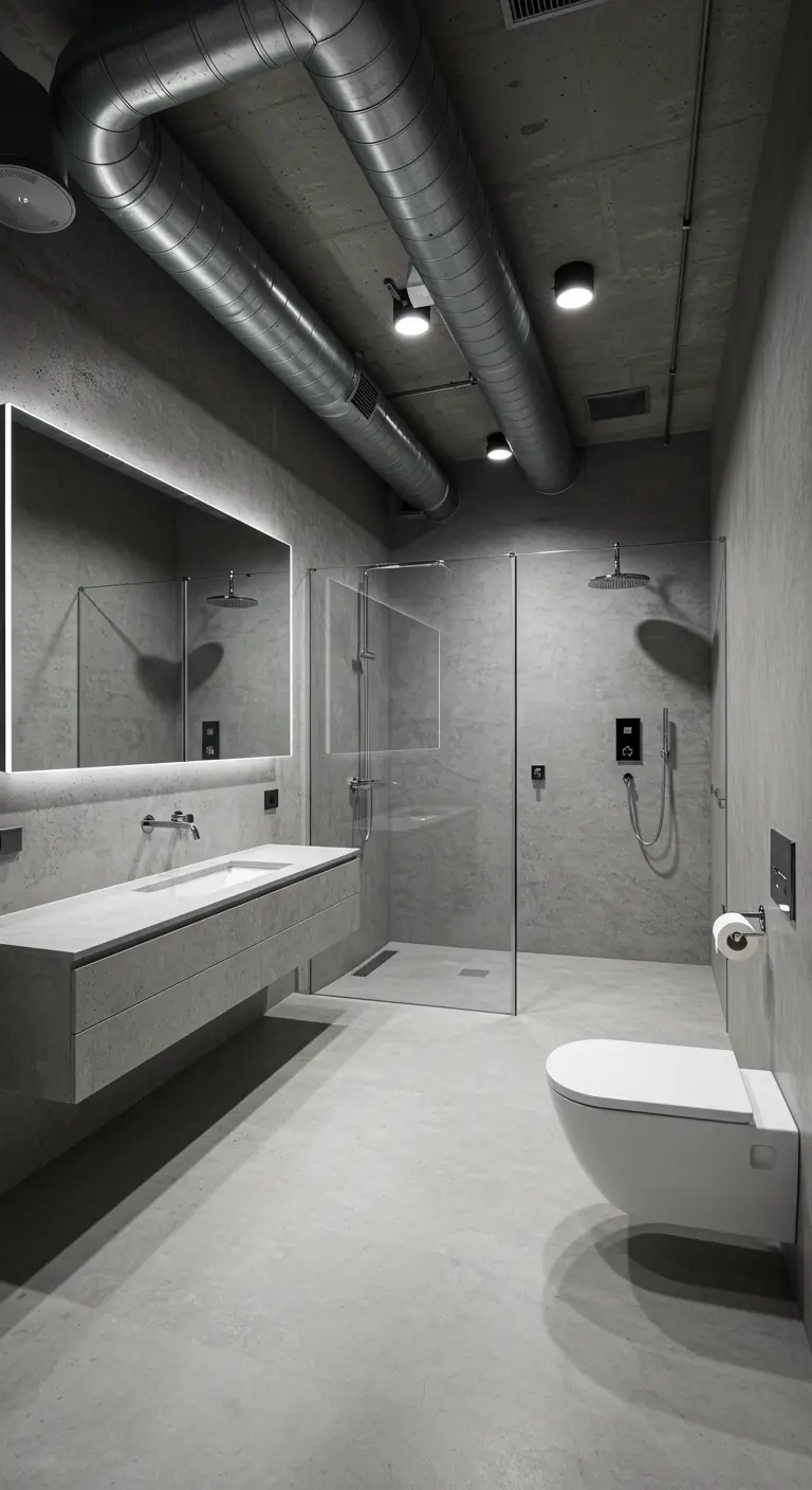 Minimalist concrete bathroom with a large backlit mirror and floating sink.