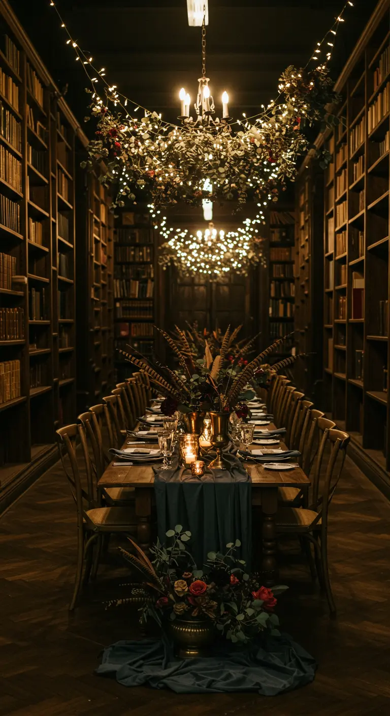 Long dining table in a library with an elaborate floral and light installation overhead.
