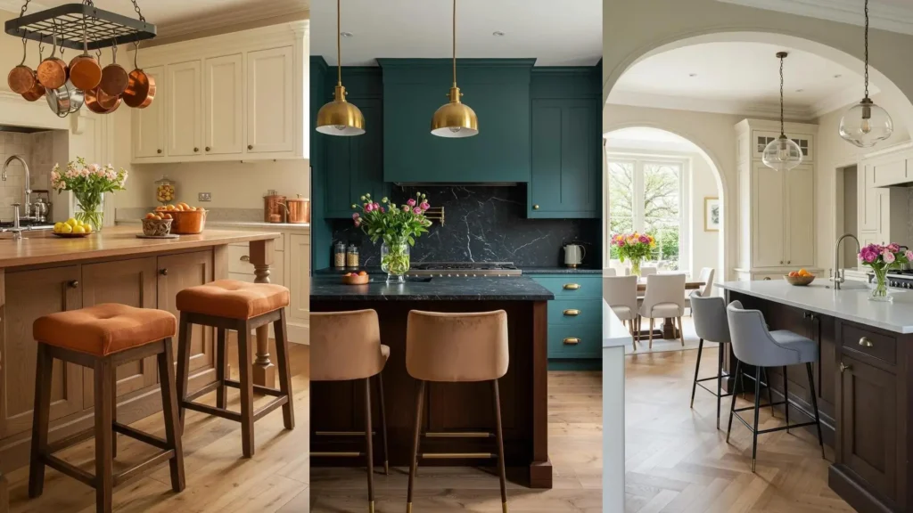 Three luxurious transitional kitchens featuring dark wood islands, soft upholstered stools, and stylish decor.