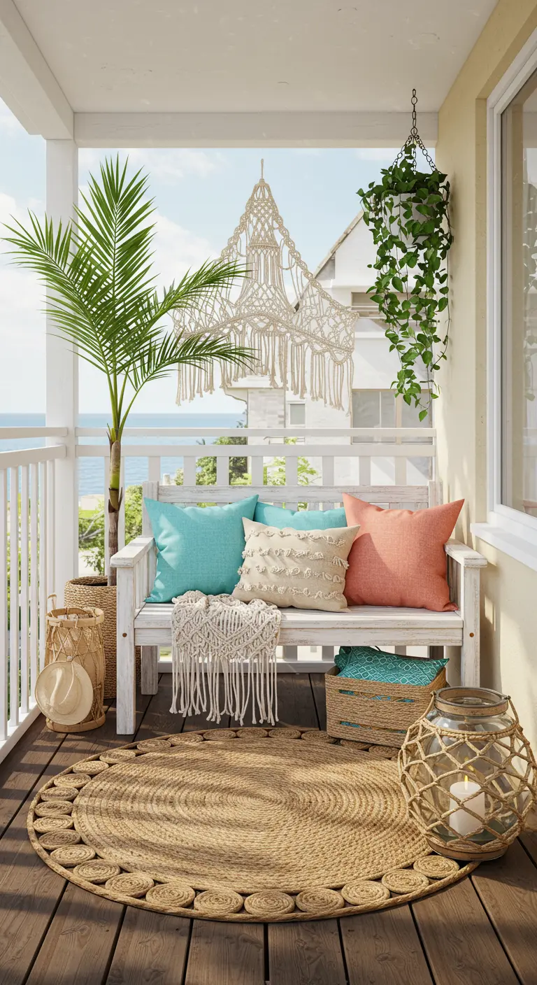 Balcony with a white bench, jute rug, macrame hanging, and potted plants.