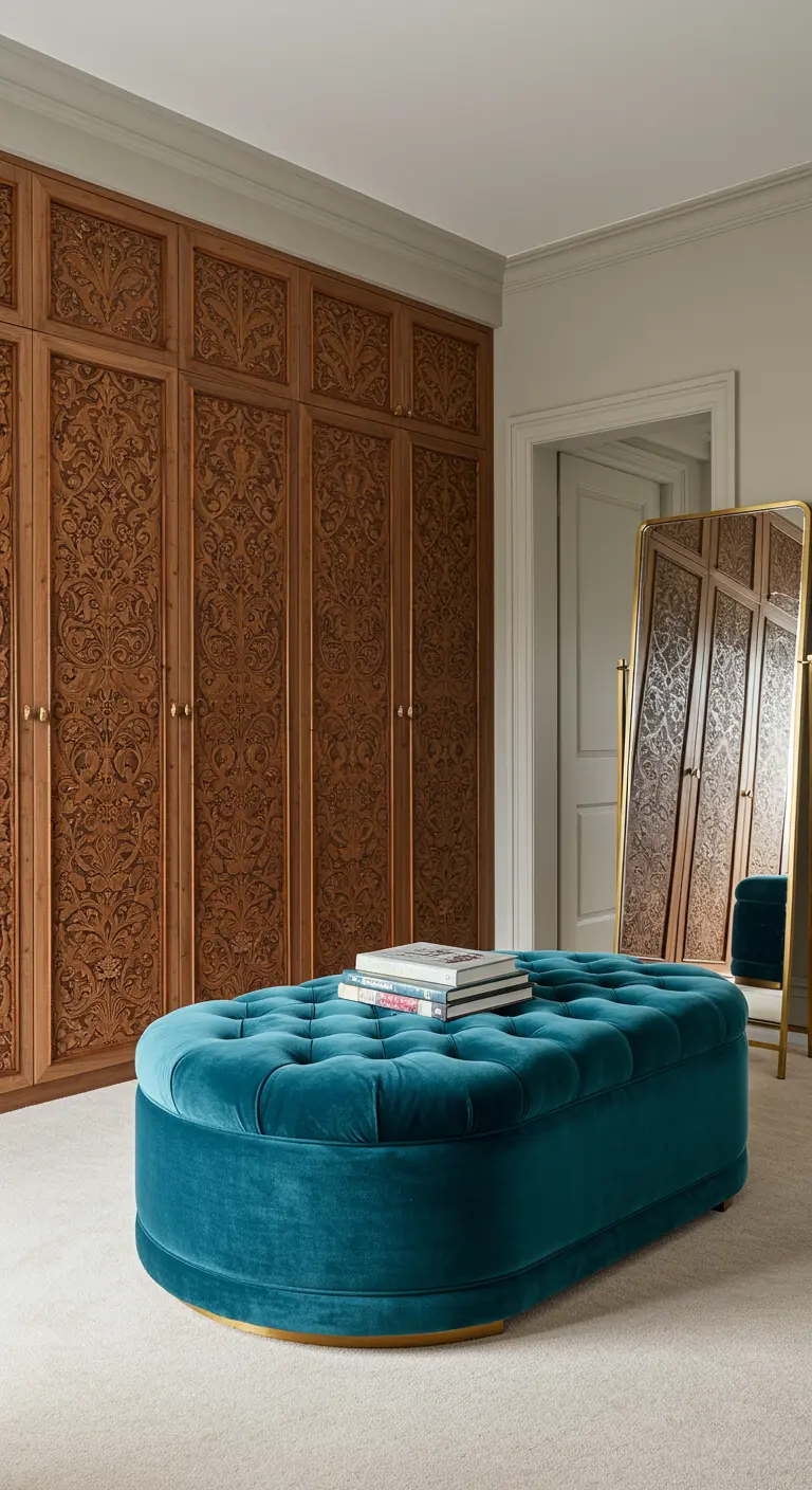Dressing room with floor-to-ceiling carved wooden wardrobe doors and a teal velvet ottoman.