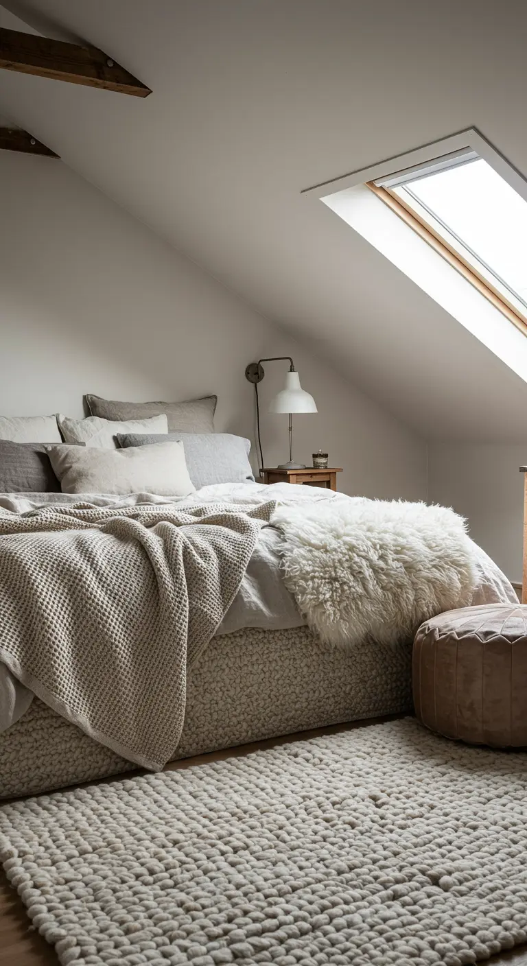 Close-up of a heavily textured bed with bouclé, knit, and sheepskin layers.