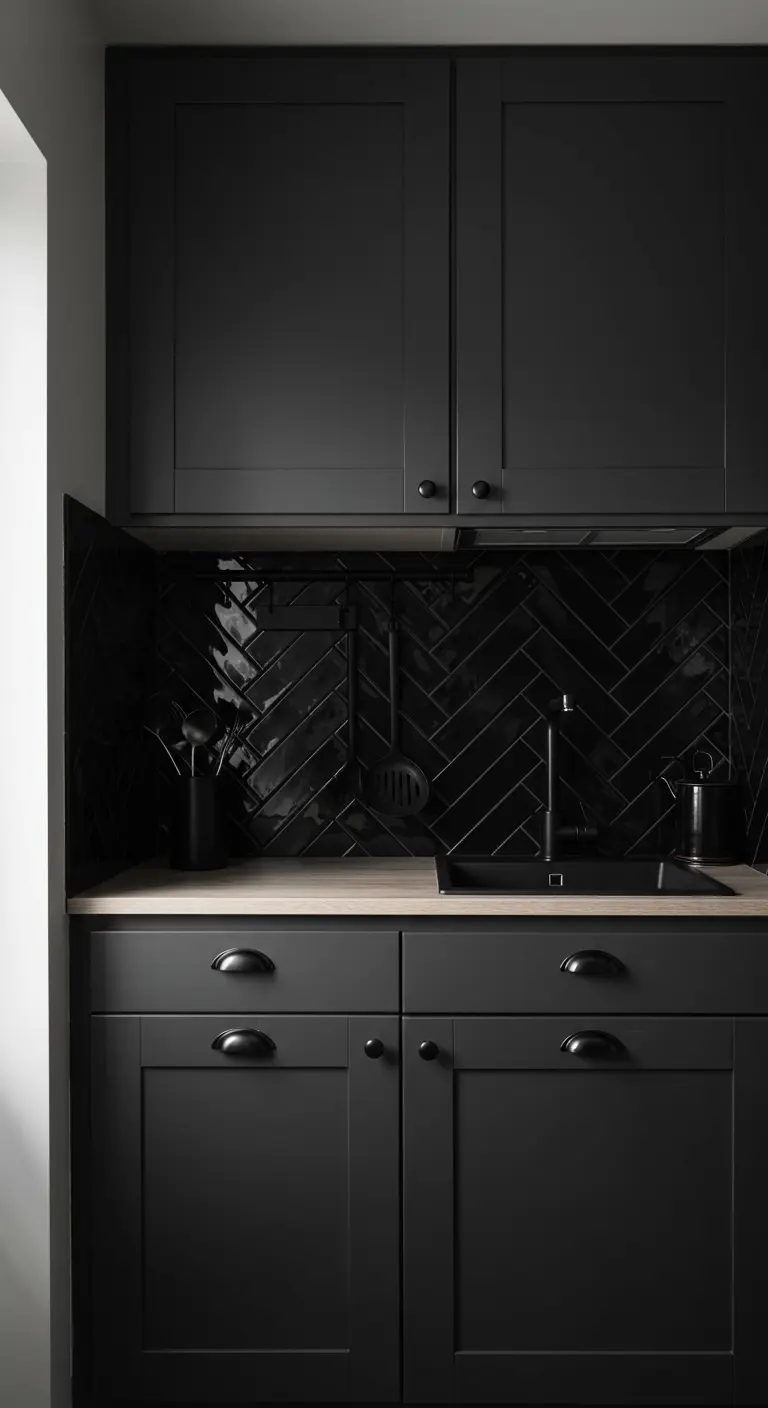 An all-black kitchen with varied textures and a contrasting light wood countertop.
