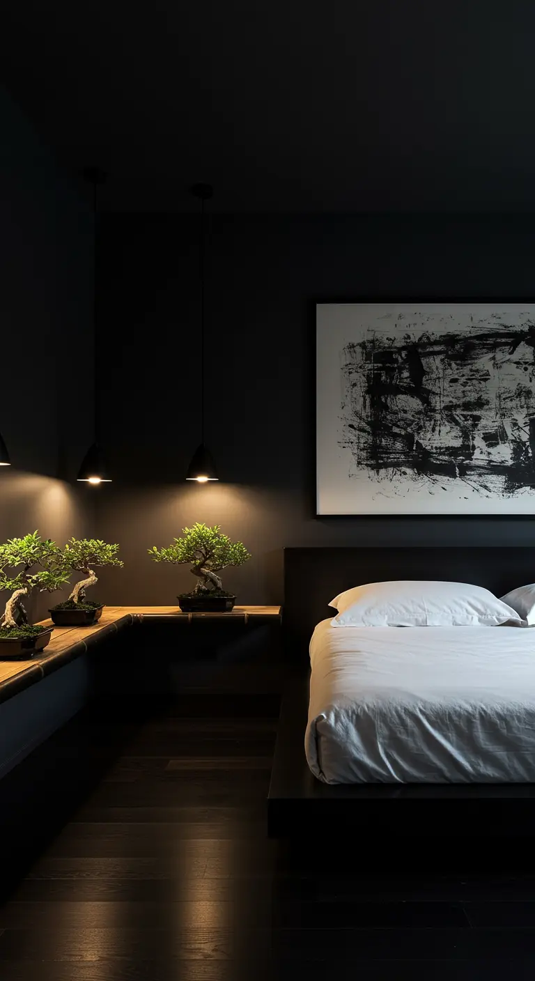 Moody black bedroom with spotlights on bonsai trees next to a low bed.