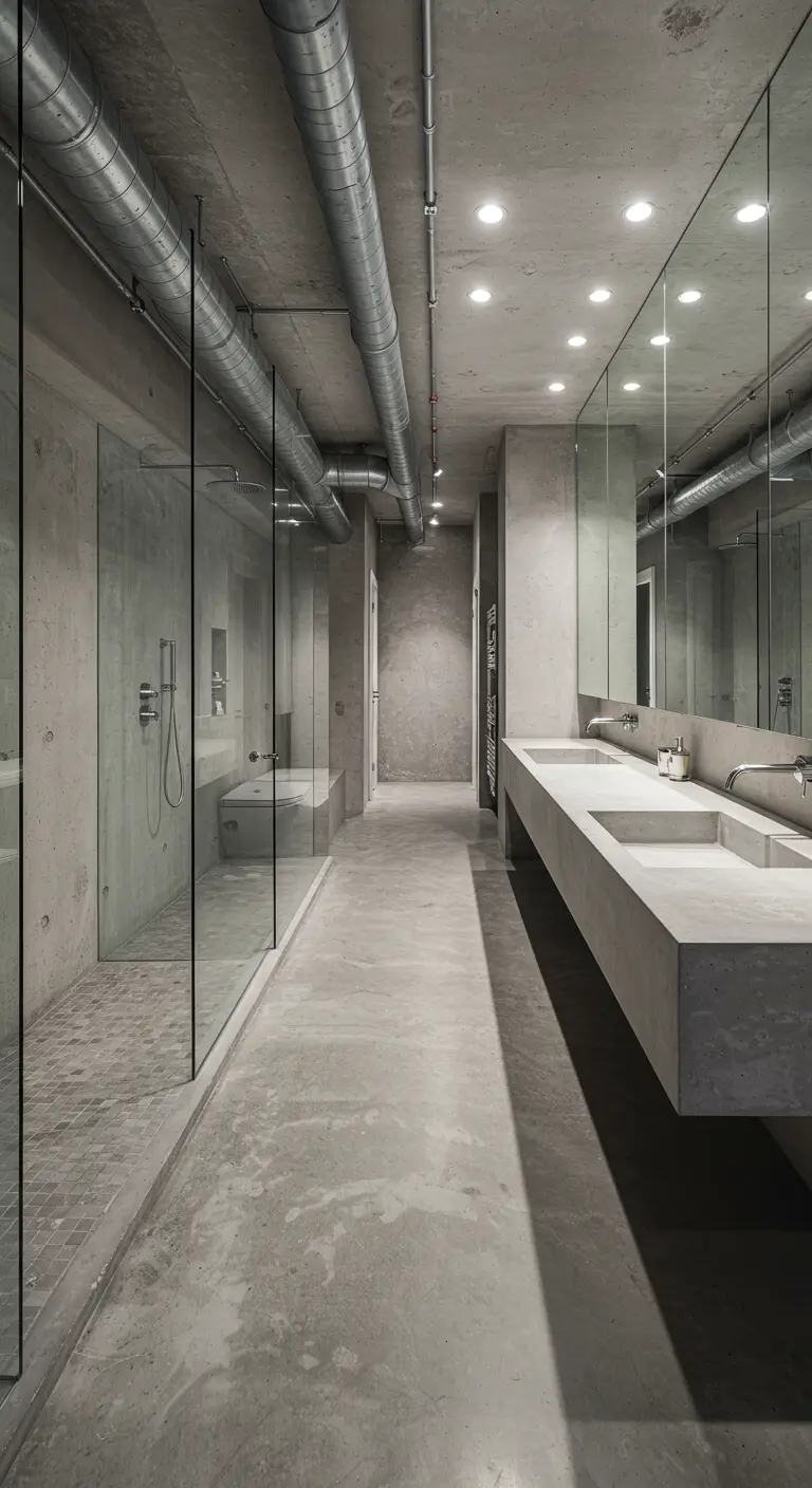 Long, narrow concrete bathroom with a glass-walled wet room at the end.