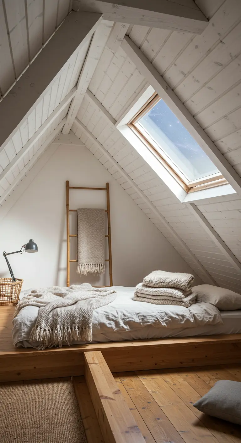 Cozy attic bedroom with a skylight, low platform bed, and white wood ceiling.
