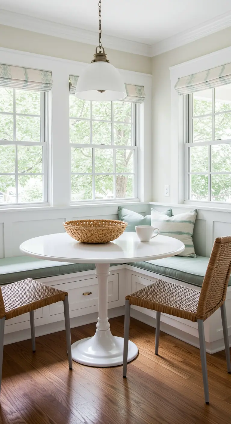 A bright breakfast nook with a built-in bench, round white table, and woven chairs.