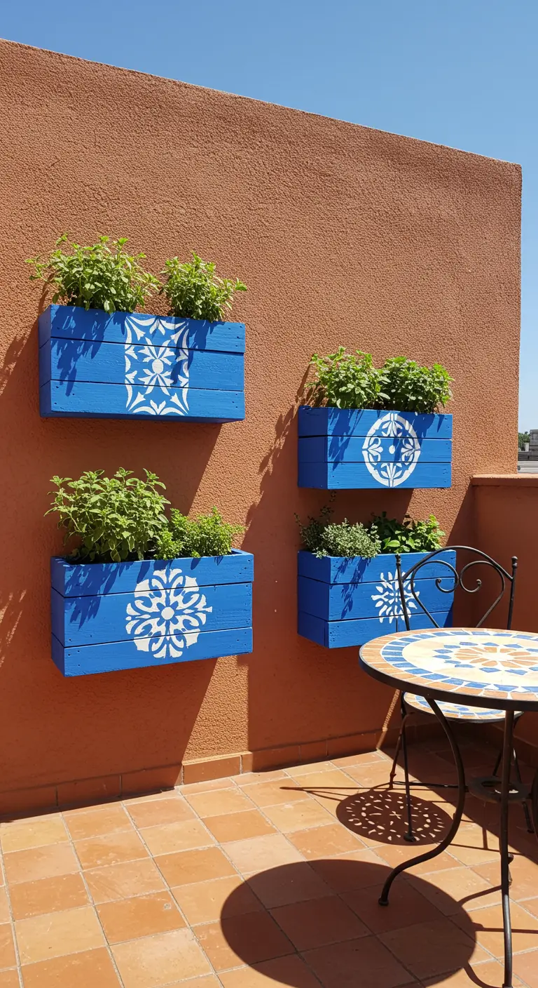 Bright blue pallet planters with white tile-pattern stencils on a terracotta wall.