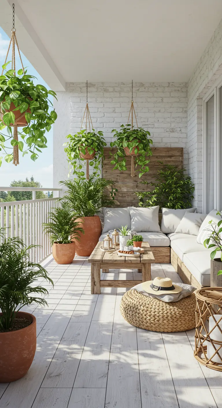 Sun-drenched balcony with white brick, wooden sectional, and hanging plants.
