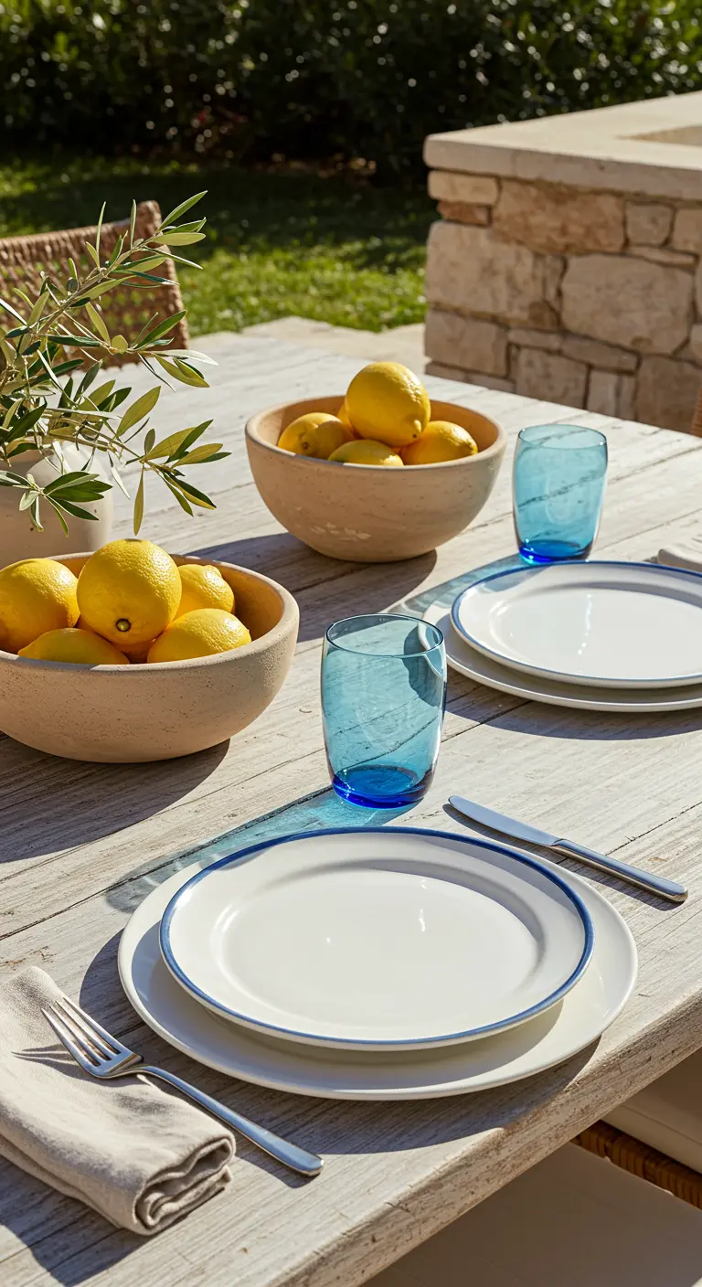 Outdoor table with bowls of lemons, blue glasses, and white plates with blue rims.