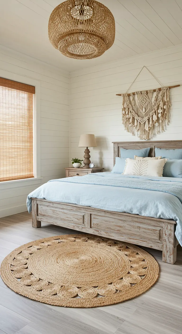 A coastal-boho bedroom with a distressed wood bed, shiplap walls, and a round jute rug.
