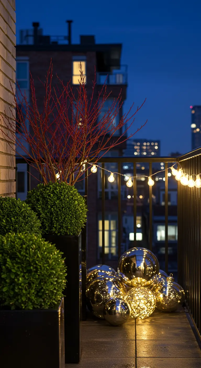 Urban balcony at night with glowing oversized silver ornaments and red-twig dogwood.