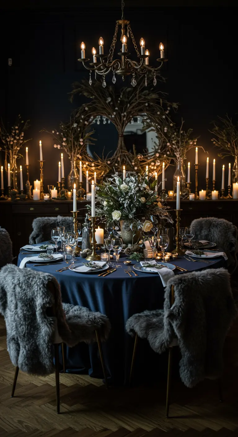 A moody dining room with a large wreath, navy tablecloth, and grey fur-draped chairs.