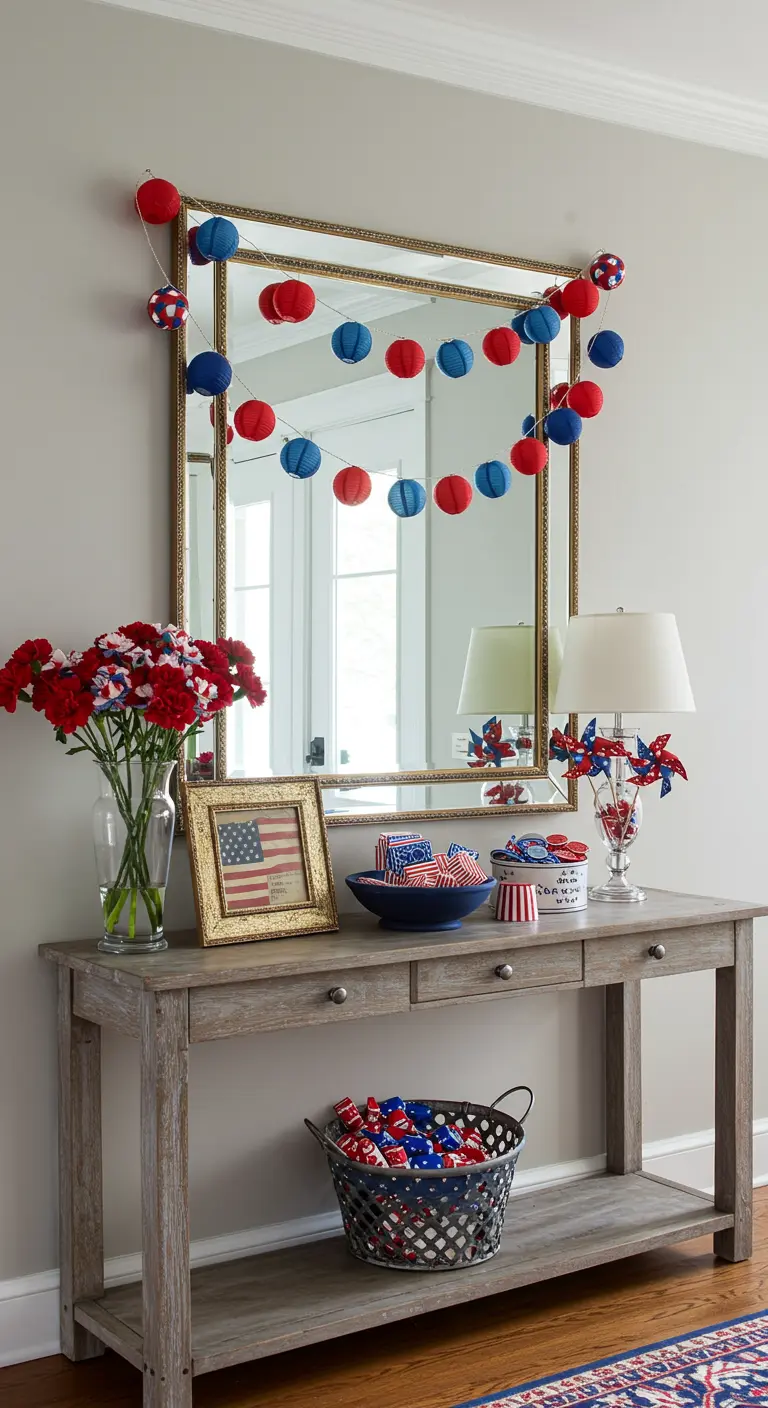 Entryway table with a mirror decorated with a red, white, and blue felt ball garland.