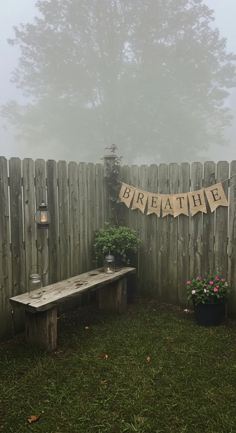 A rustic bench and 'BREATHE' banner in a foggy backyard garden.