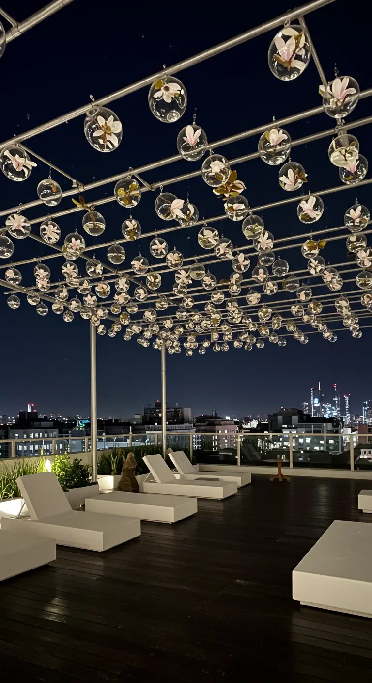 A modern rooftop terrace with white loungers under a grid canopy of hanging glass orbs with flowers.