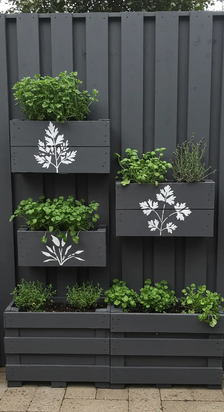 Charcoal grey pallet planters with white botanical leaf stencils on a grey fence.