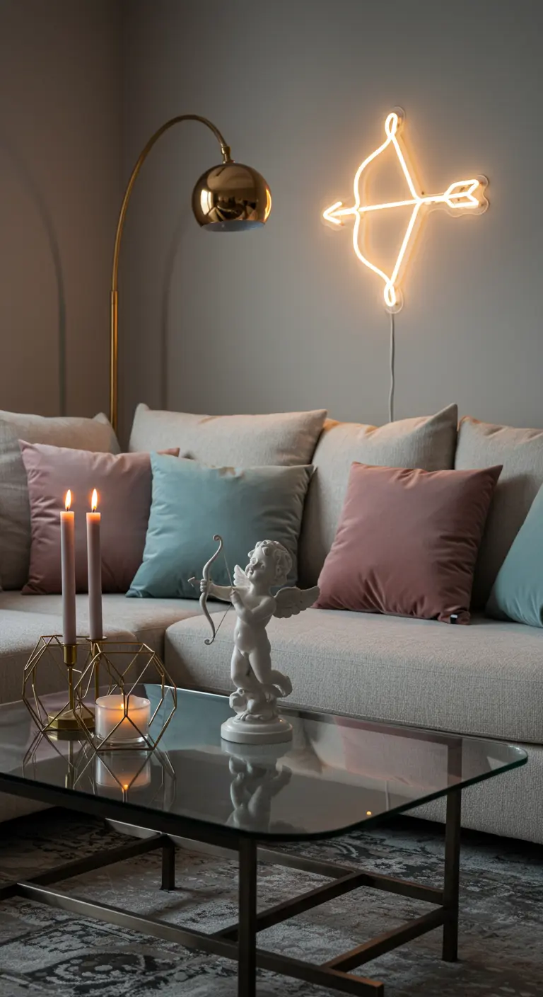 A modern living room with a neon bow-and-arrow light and a small Cupid statue on the coffee table.