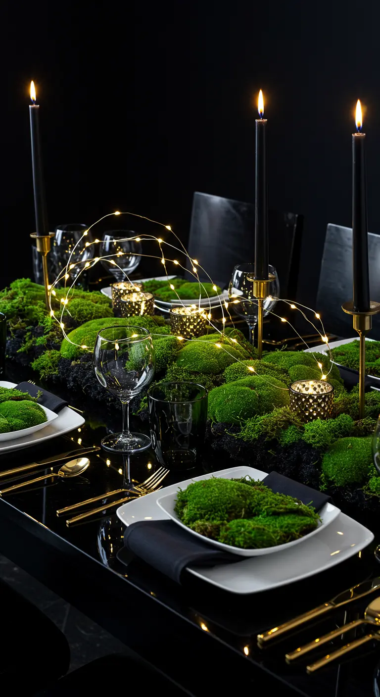 A sleek black table with a vibrant moss centerpiece, black candles, and gold cutlery.