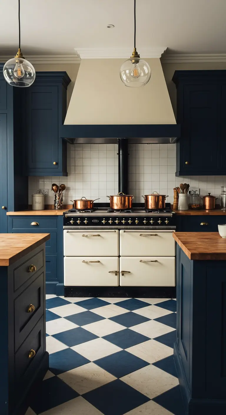 Navy blue kitchen with a cream range oven, butcher block counters, and a blue checkerboard floor.