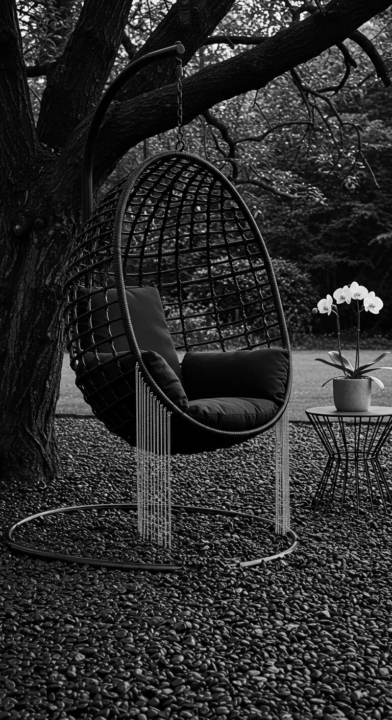 A black egg chair with black cushions and silver chain tassels, next to a white orchid.