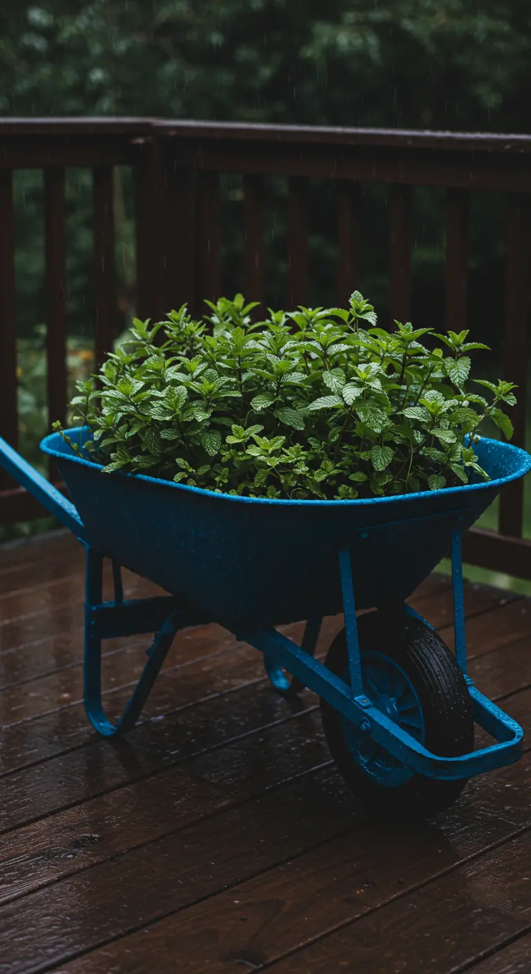 A vibrant blue wheelbarrow full of lush mint, sitting on a wet wooden deck in the rain.
