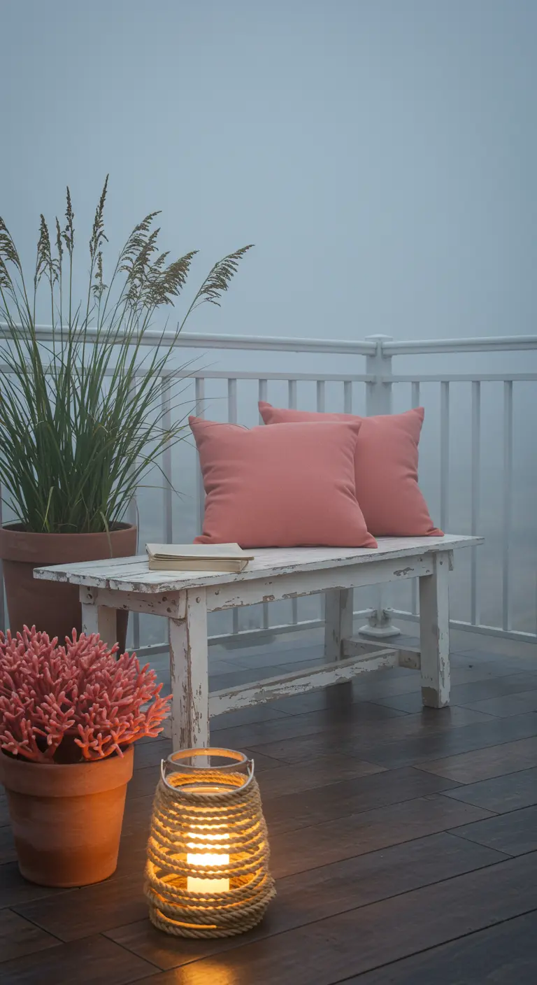 Whitewashed bench with coral pillows on a foggy day, with a lantern and potted coral.