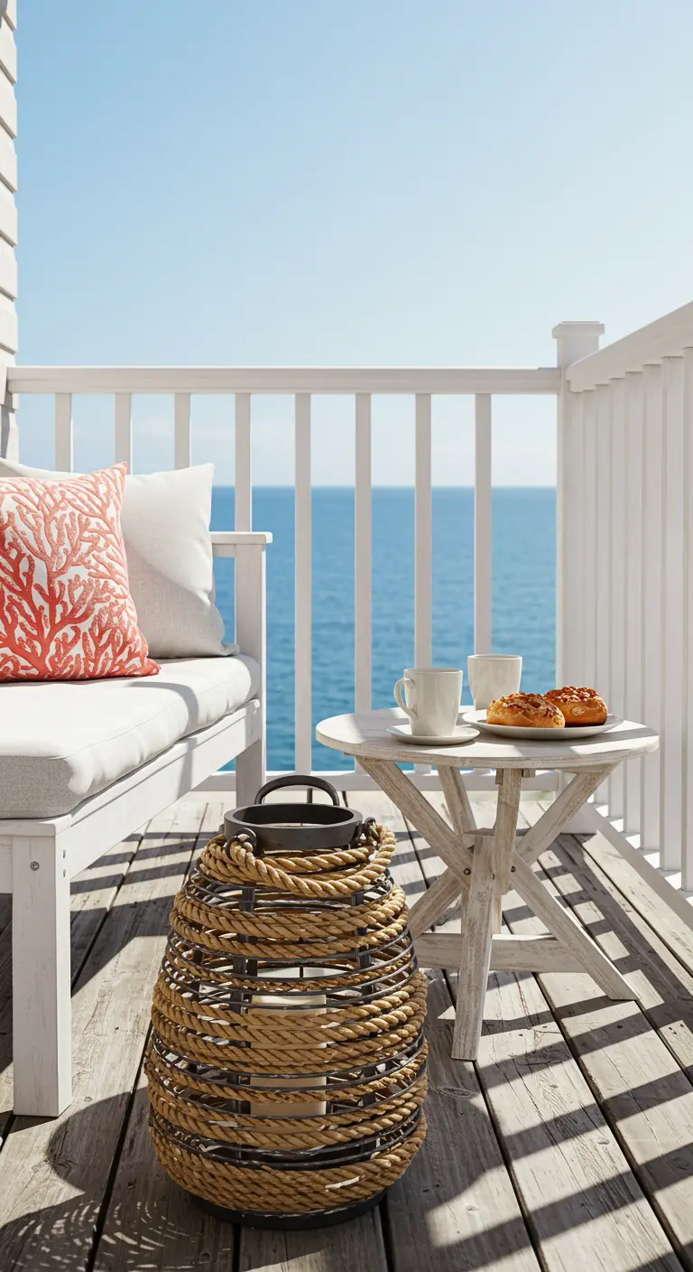 Whitewashed bench and table on a sunny balcony with a rope-wrapped lantern.