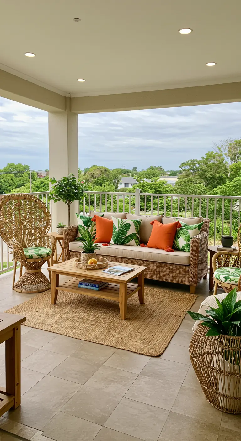Covered balcony with a full rattan seating set and a large natural fiber rug.