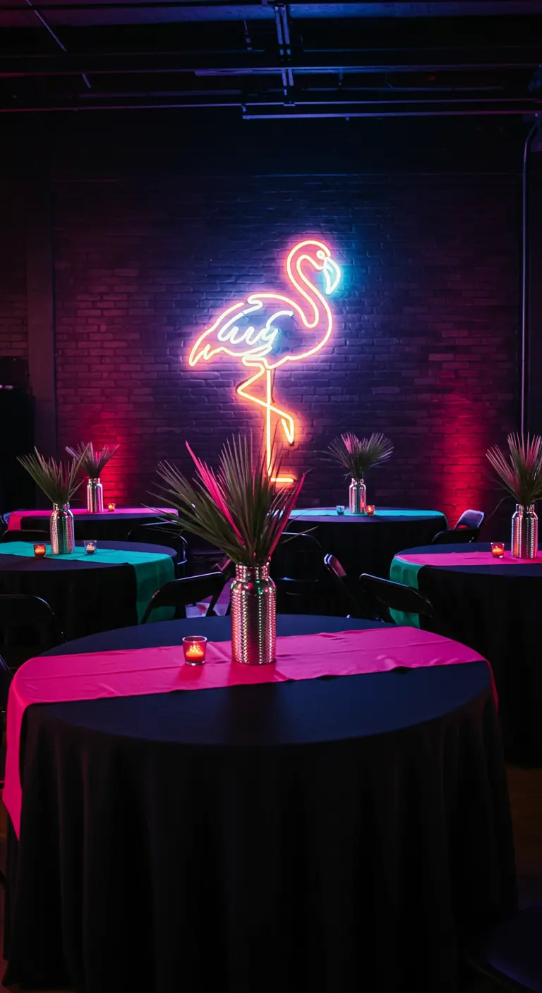 Cocktail tables with pink runners lit by a large neon flamingo sign.