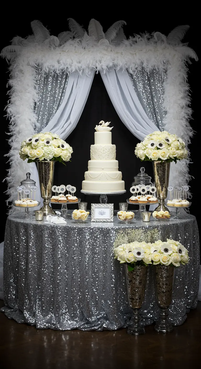 A black and silver Swan Lake-themed dessert table with a white feather boa arch.