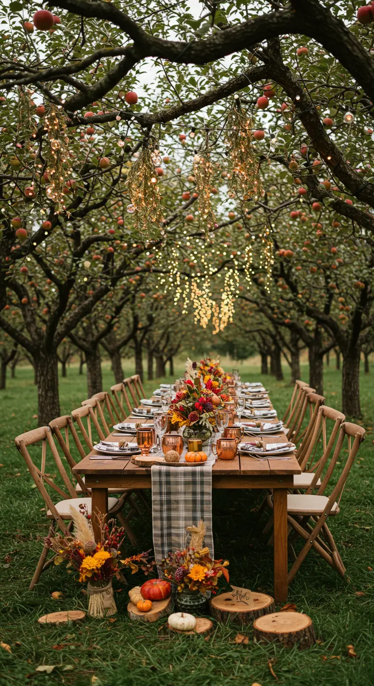Long table in an apple orchard with hanging fairy lights and autumn-themed decor.