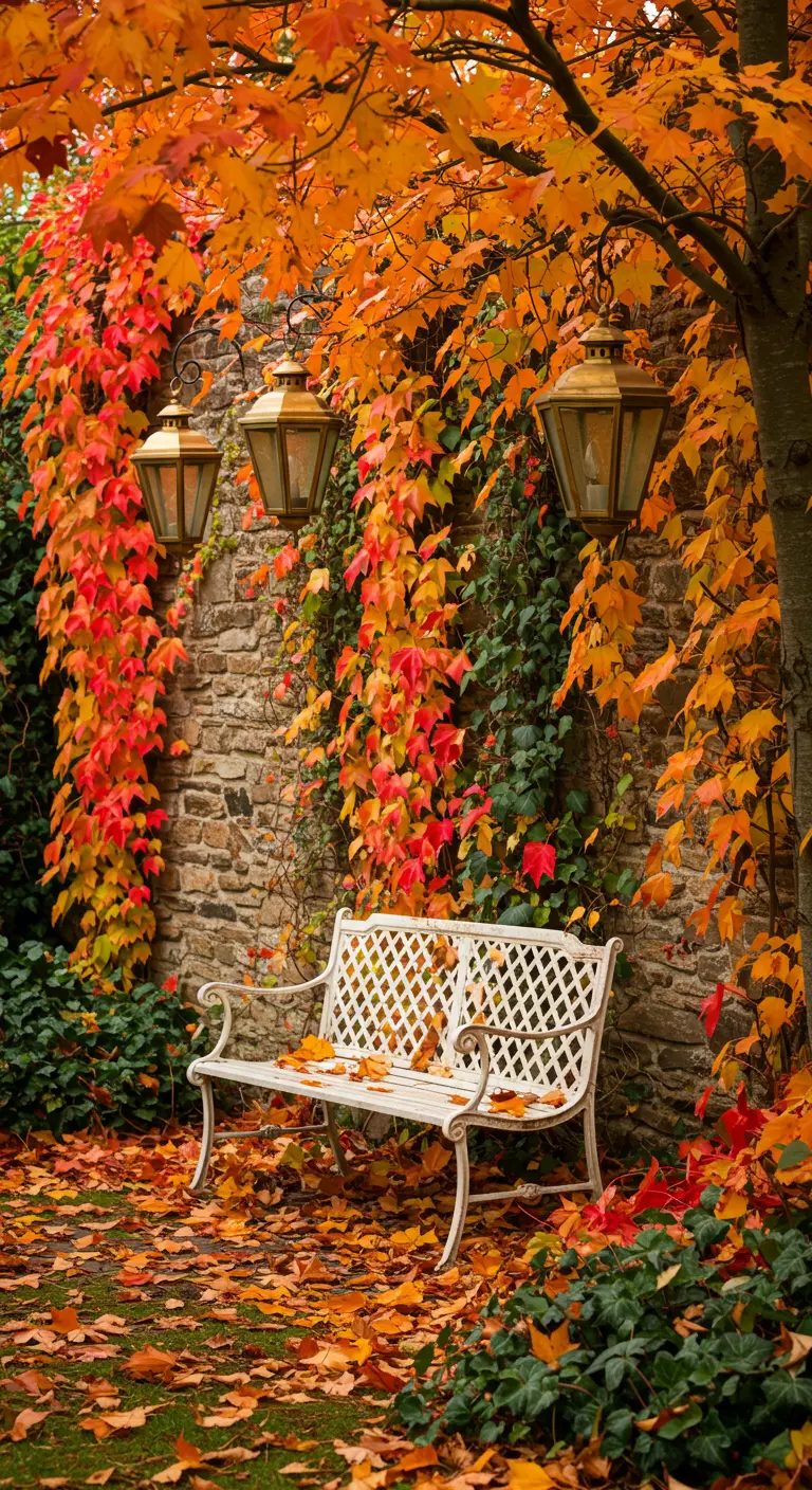 A white park bench surrounded by vibrant red and orange autumn leaves on a stone wall.