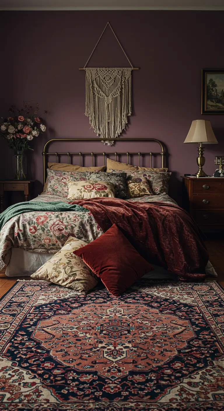 A bedroom with mauve walls, vintage floral bedding, and a simple macramé hanging.