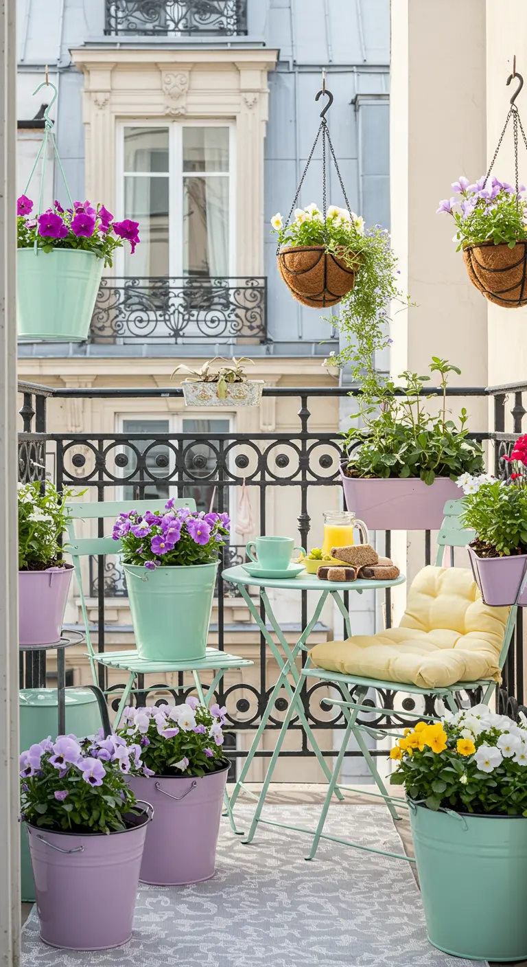 A romantic Parisian balcony with pastel-painted planters and purple and white flowers.