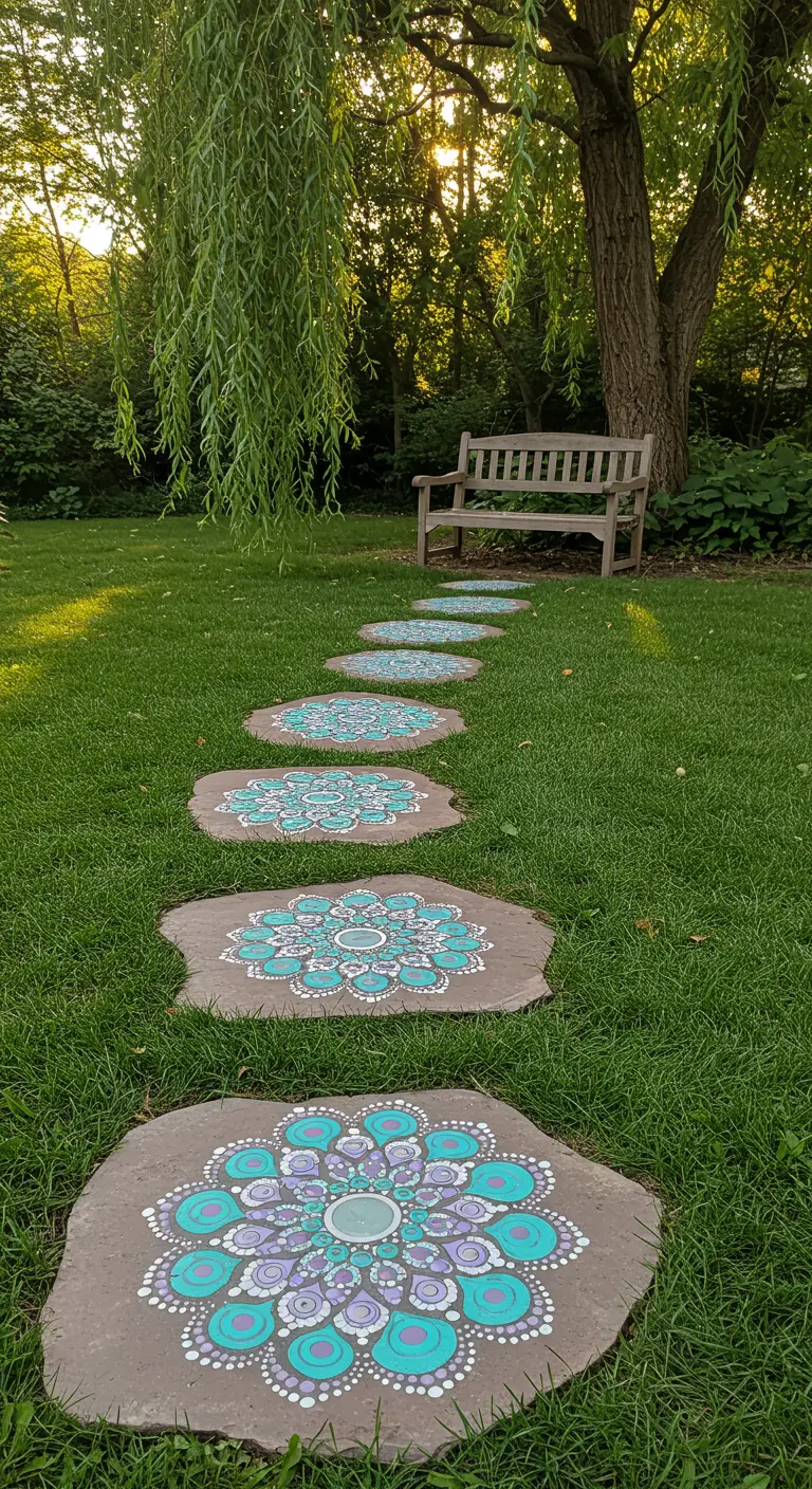 Hand-painted mandala stepping stones in turquoise and purple on a green lawn.