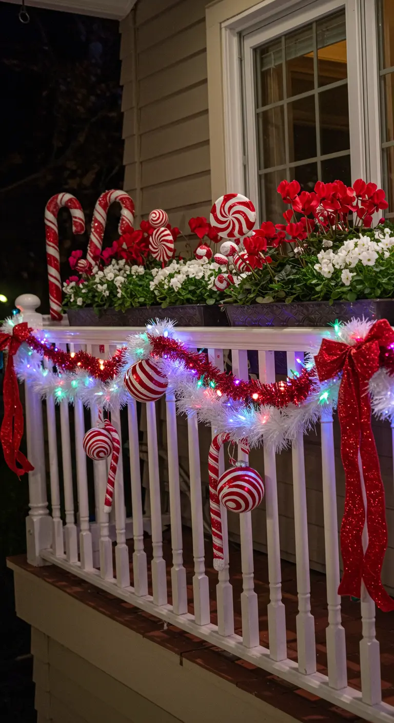 A festive balcony decorated with candy cane ornaments, tinsel, and red and white flowers.