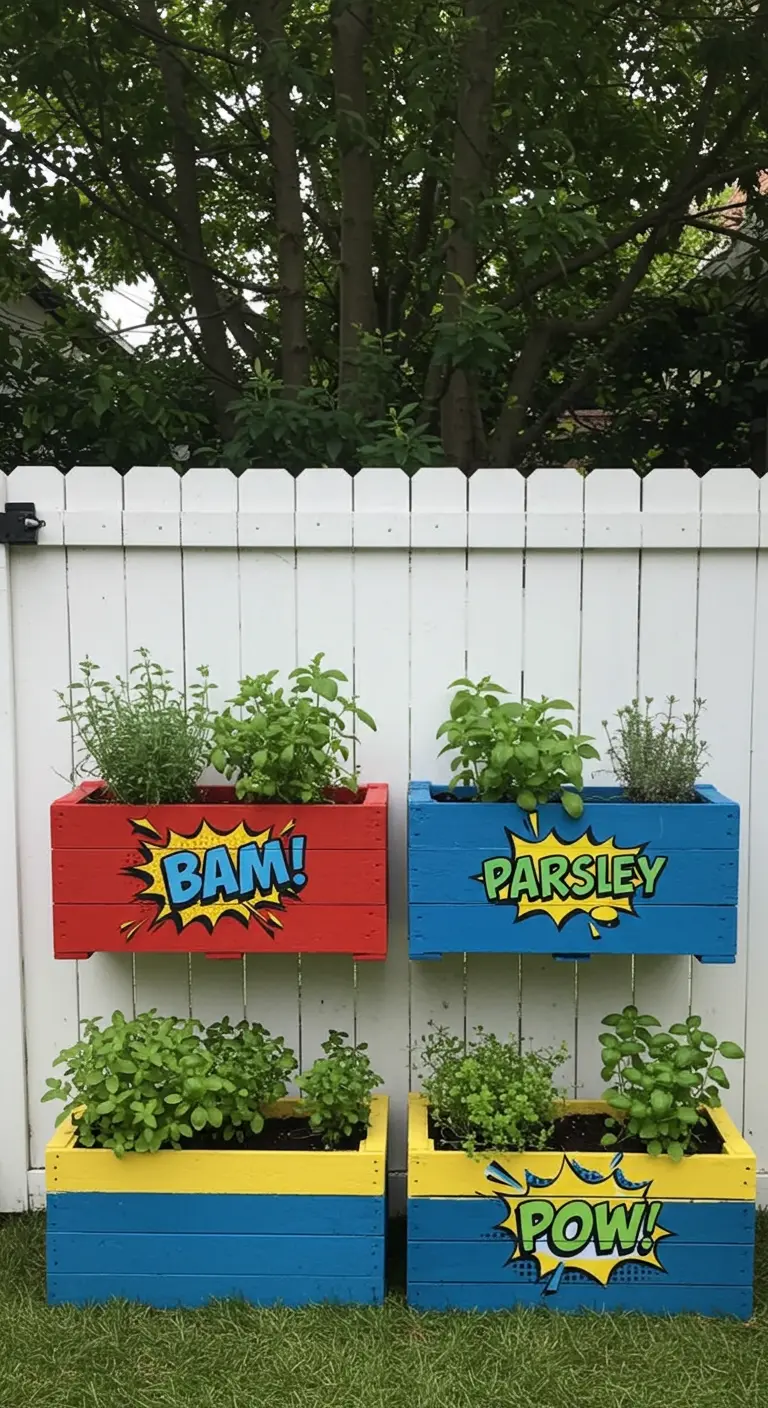Brightly colored pallet planters with comic book words like 'BAM!' and 'POW!'.