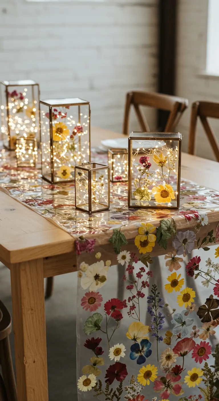 Glass lanterns with pressed flowers and fairy lights inside on a floral-printed table runner.
