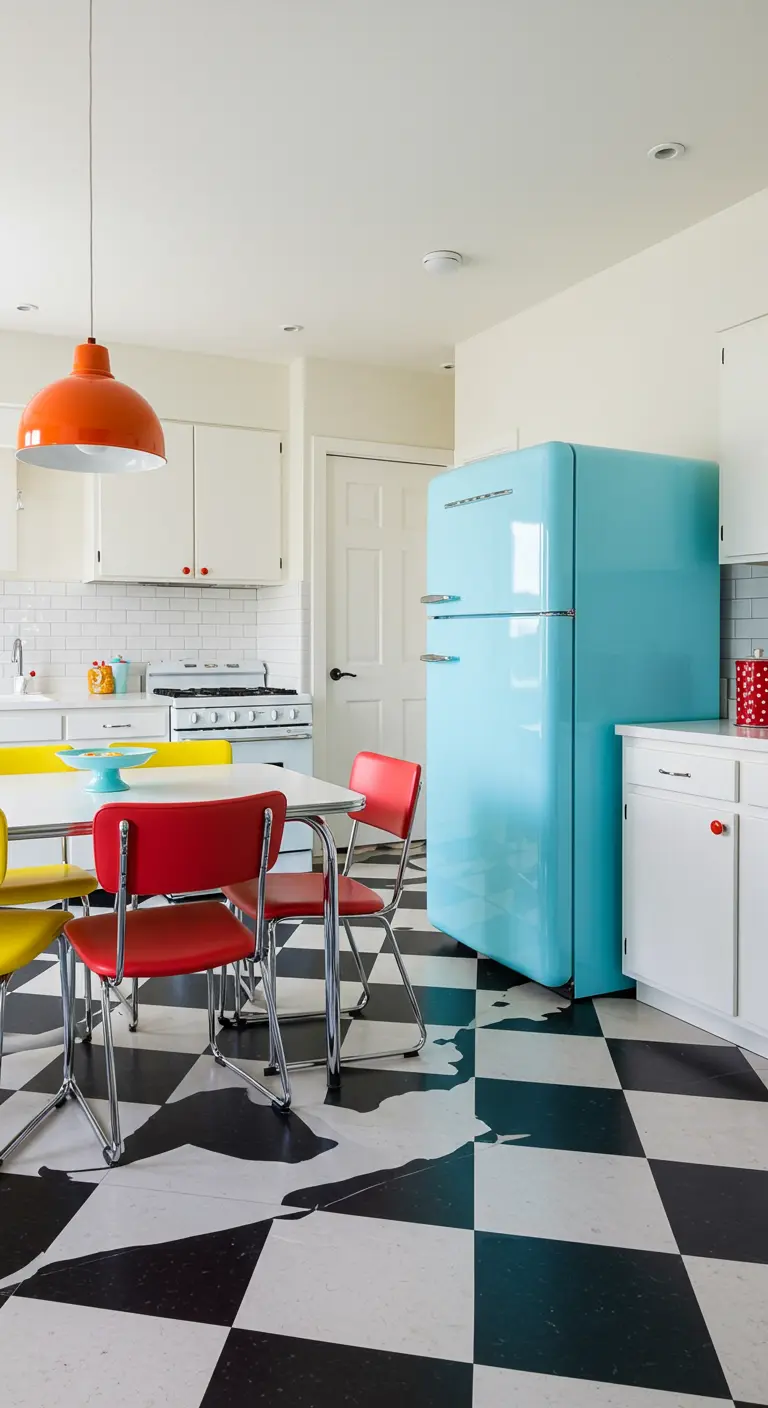 Modern kitchen with a turquoise retro fridge and a graphic black and white floor with splatters.