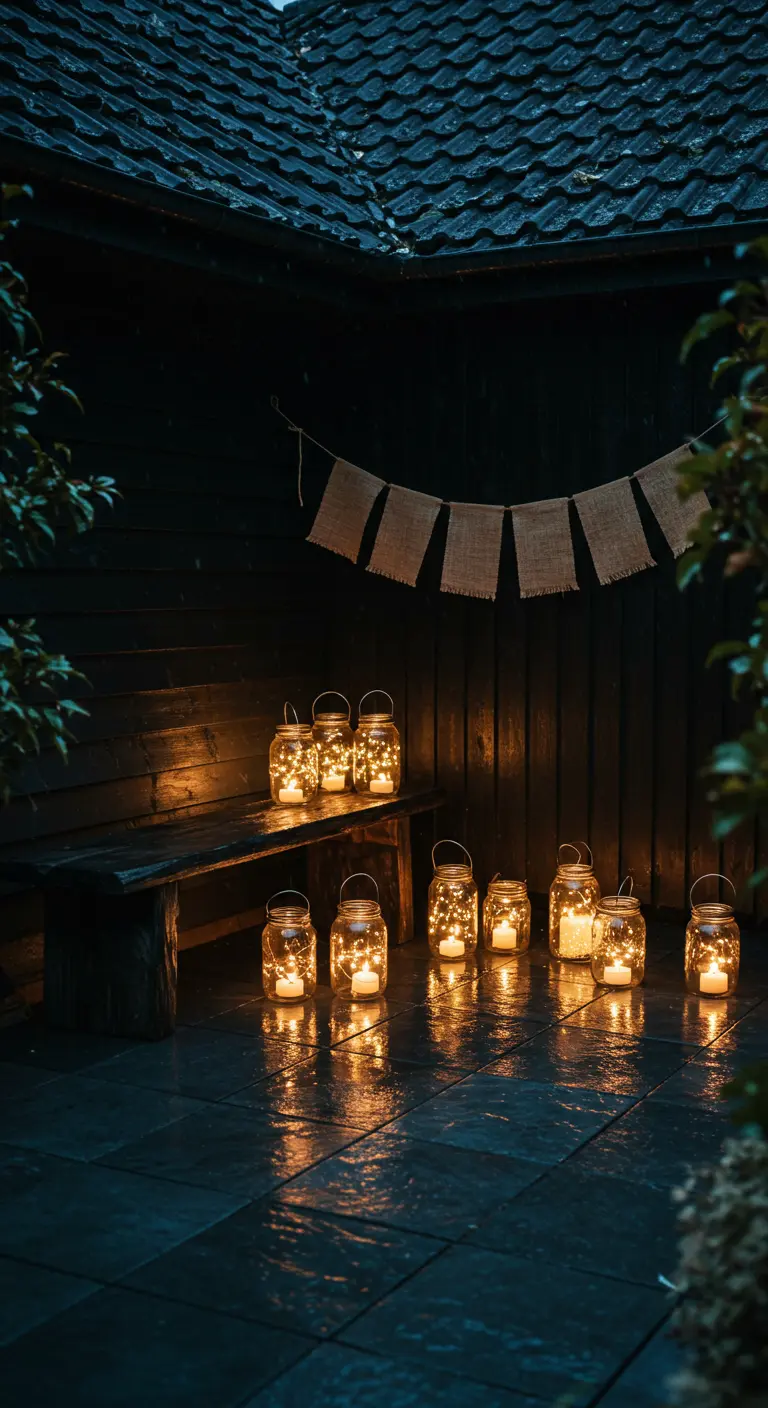 A rustic bench on a wet, dark patio with glowing lanterns reflecting on the ground.