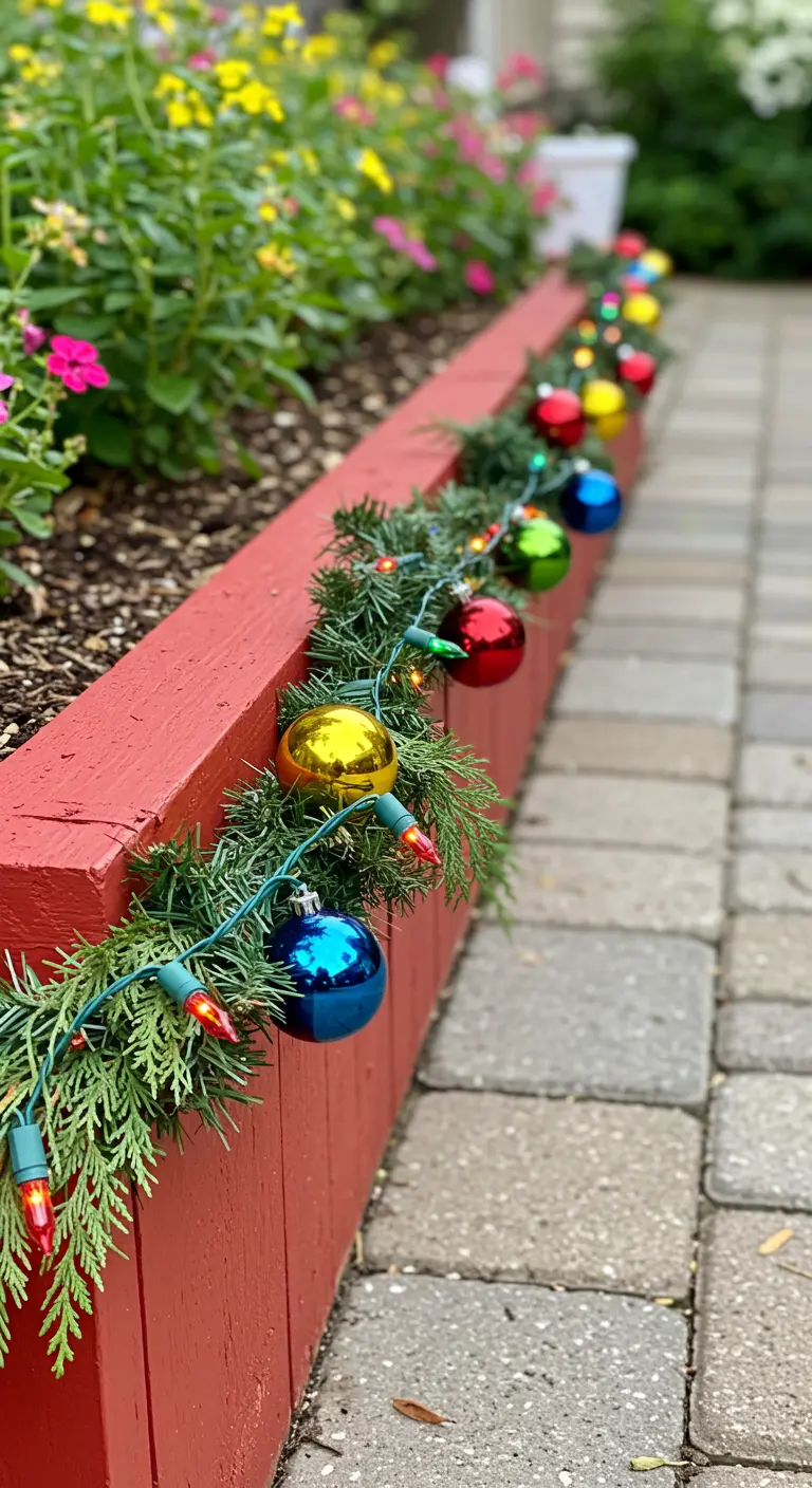 A red painted garden bed edge decorated with a cedar garland and bright, multi-colored C9 lights and ornaments.