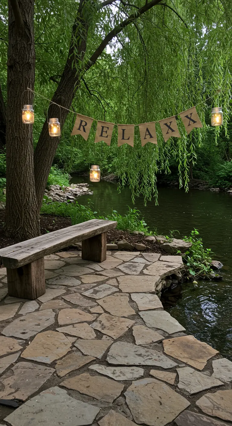 A rustic bench on a stone patio by a river, with a 'RELAX' banner.