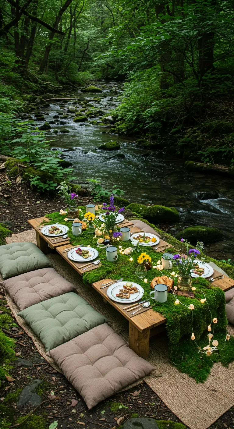A low wooden picnic table set by a stream, covered in moss with floor cushions.