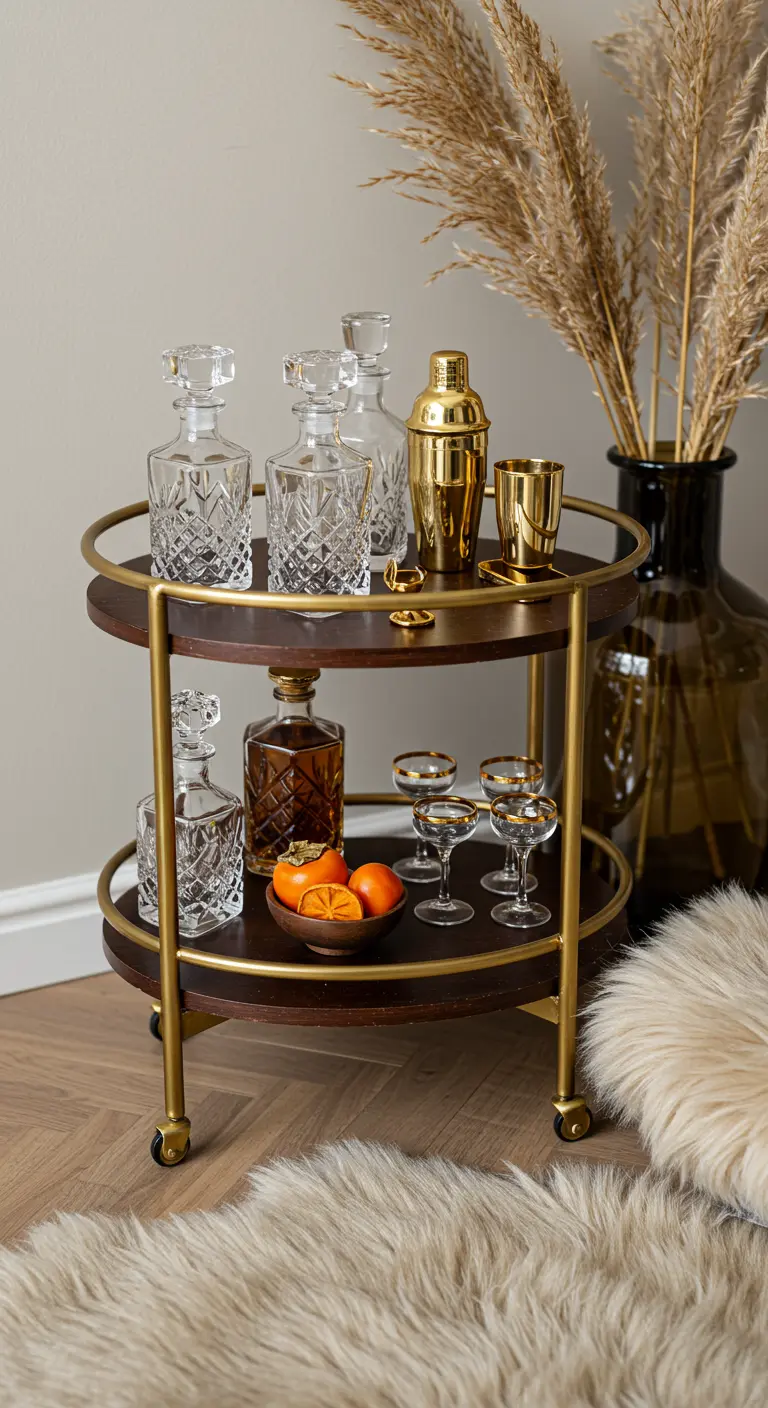 A two-tiered wooden and brass bar cart with crystal decanters and gold shaker.