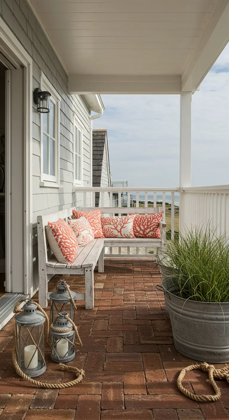 Balcony with brick floor, whitewashed bench, and a large galvanized tub planter.