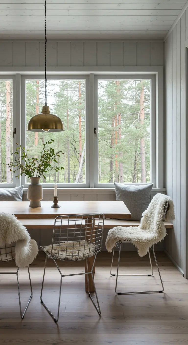 Scandinavian dining nook with wireframe chairs, sheepskin throws, and a brass pendant light.